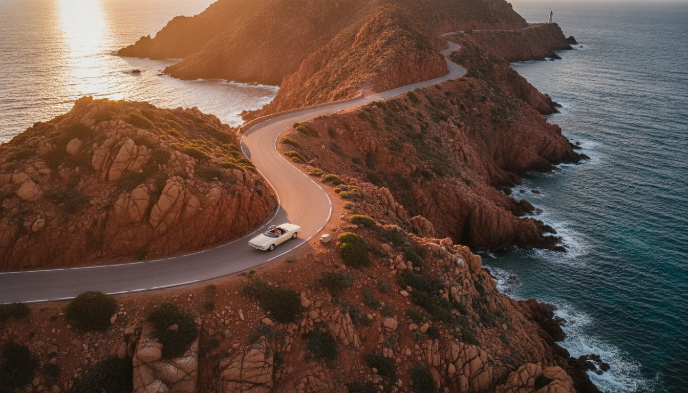Superbe itinéraire road trip week-end prolongé Corse routes côtières au soleil couchant.