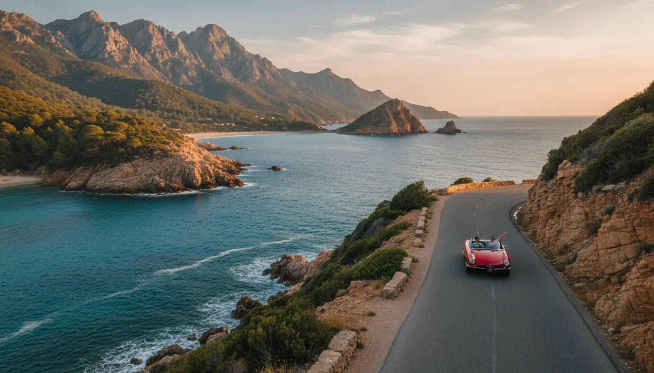 Voiture cabriolet roulant sur le littoral corse au coucher du soleil.