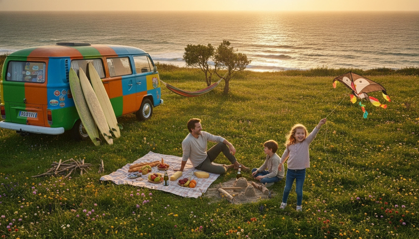 Van aménagé stationné près de la côte bretonne durant un itinéraire road trip famille bretagne avec enfants en bas âge