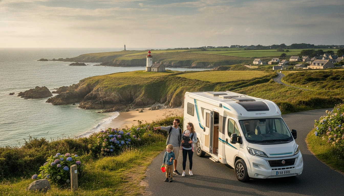 Famille heureuse en bord de mer lors d'un itinéraire road trip famille bretagne avec enfants en bas âge