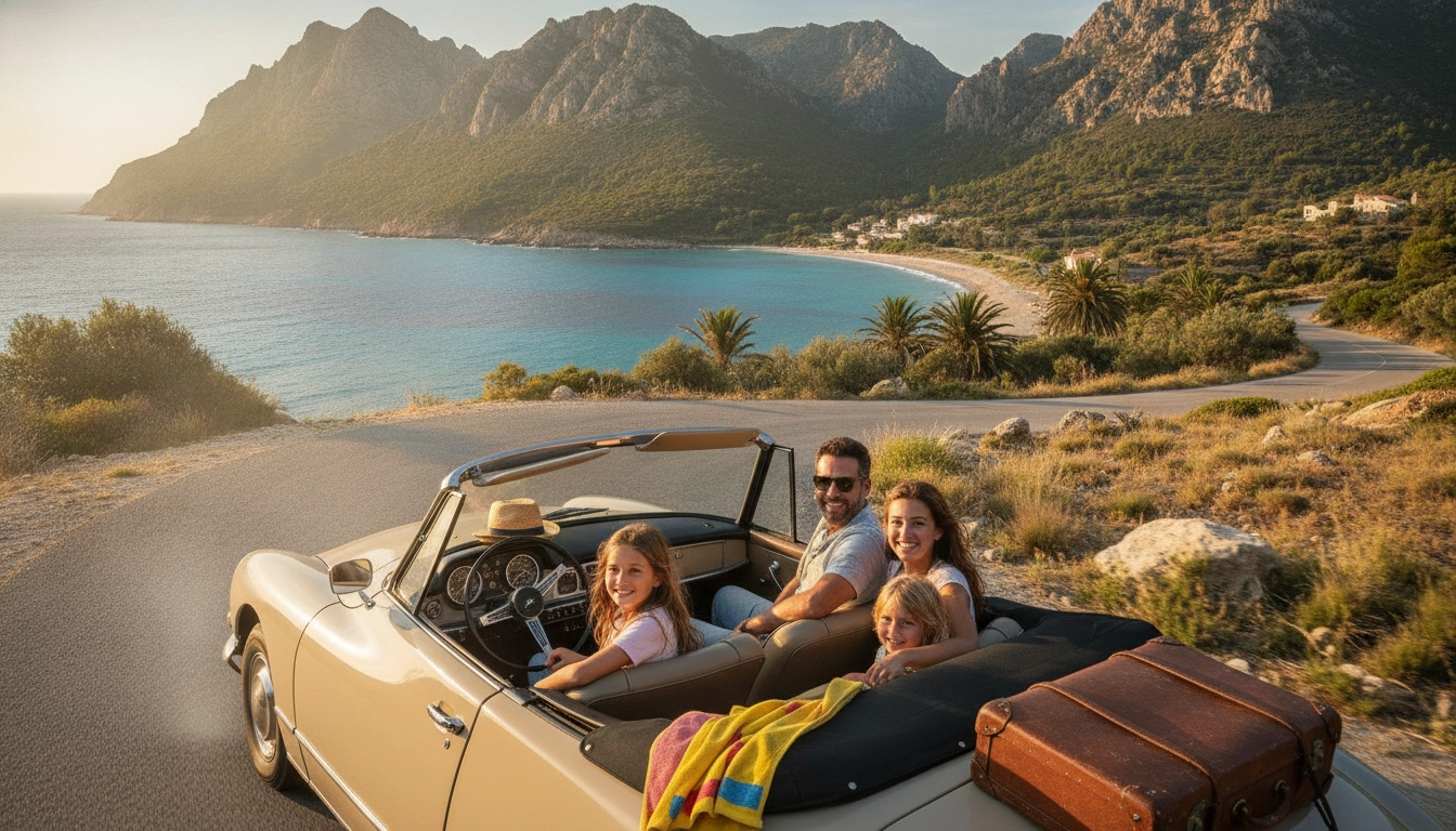 Une famille en voiture profitant d'un itinéraire road trip famille Corse avec enfants parcs naturels plages.