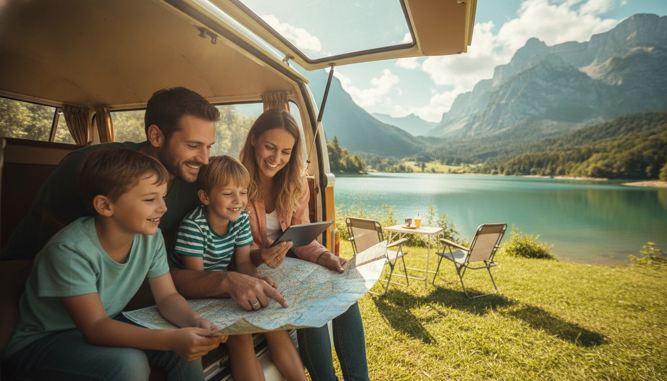 Une famille heureuse planifie son itinéraire road trip massif du Jura en famille près d'un lac.