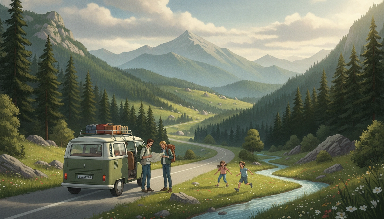 Famille en randonnée avec sac à dos devant un paysage de montagne lors d'un itinéraire road trip massif du Jura en famille