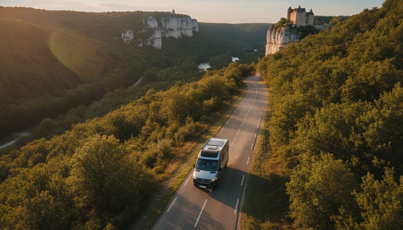 Van aménagé roulant sur une route pittoresque lors d'un itinéraire road trip Périgord Dordogne vallée sites préhistoriques au coucher du soleil.