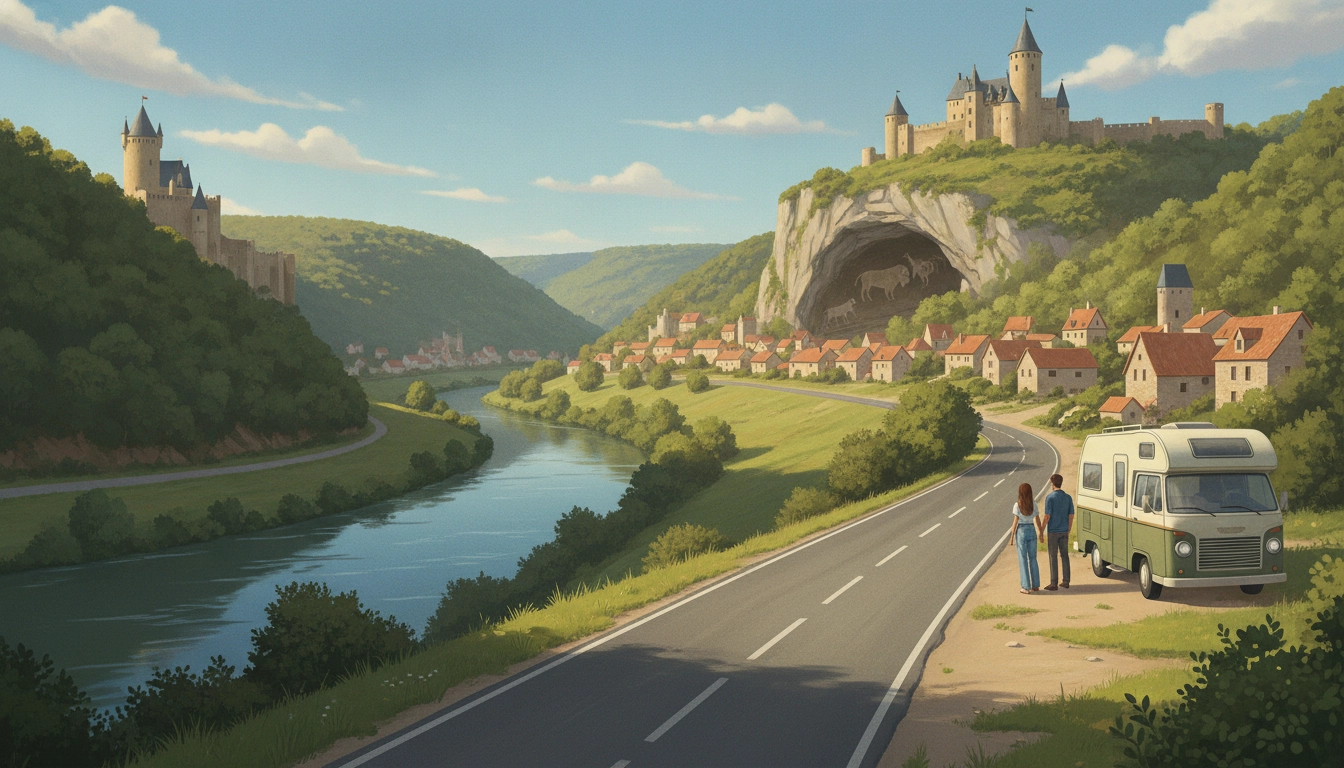 Van aménagé explorant la vallée de la Dordogne au coucher du soleil.