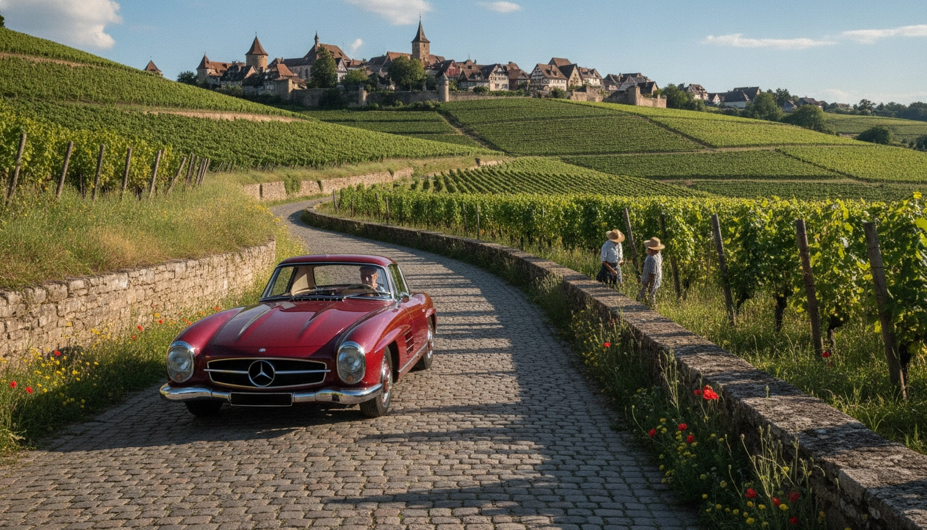 Un itinéraire week-end road trip vignobles alsace avec une voiture sur une route pittoresque bordée de vignes