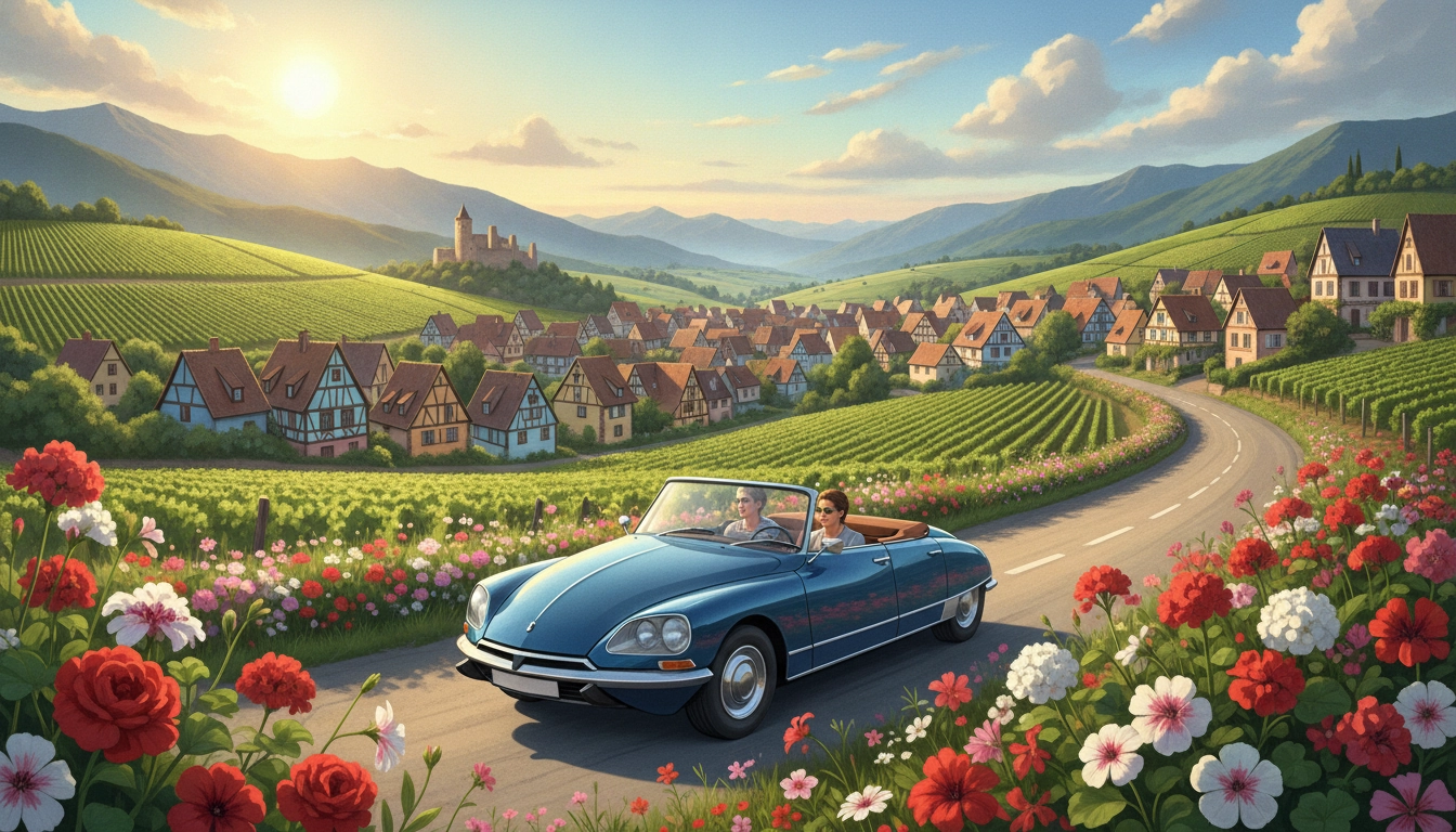 Voiture de tourisme garée près d'un vignoble alsacien lors d'un itinéraire week-end road trip vignobles alsace ensoleillé