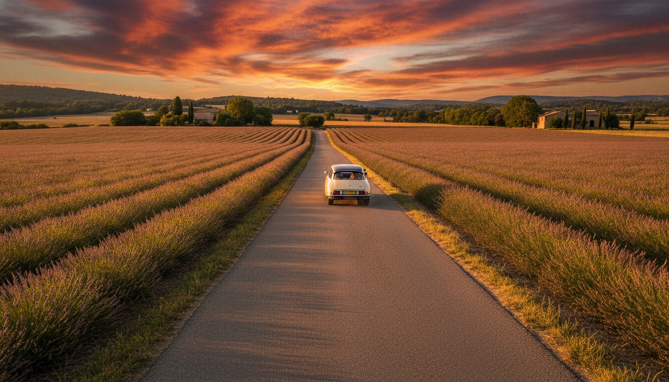Route sinueuse à travers les champs de lavande en Provence pour les meilleurs itinéraires road trip en France