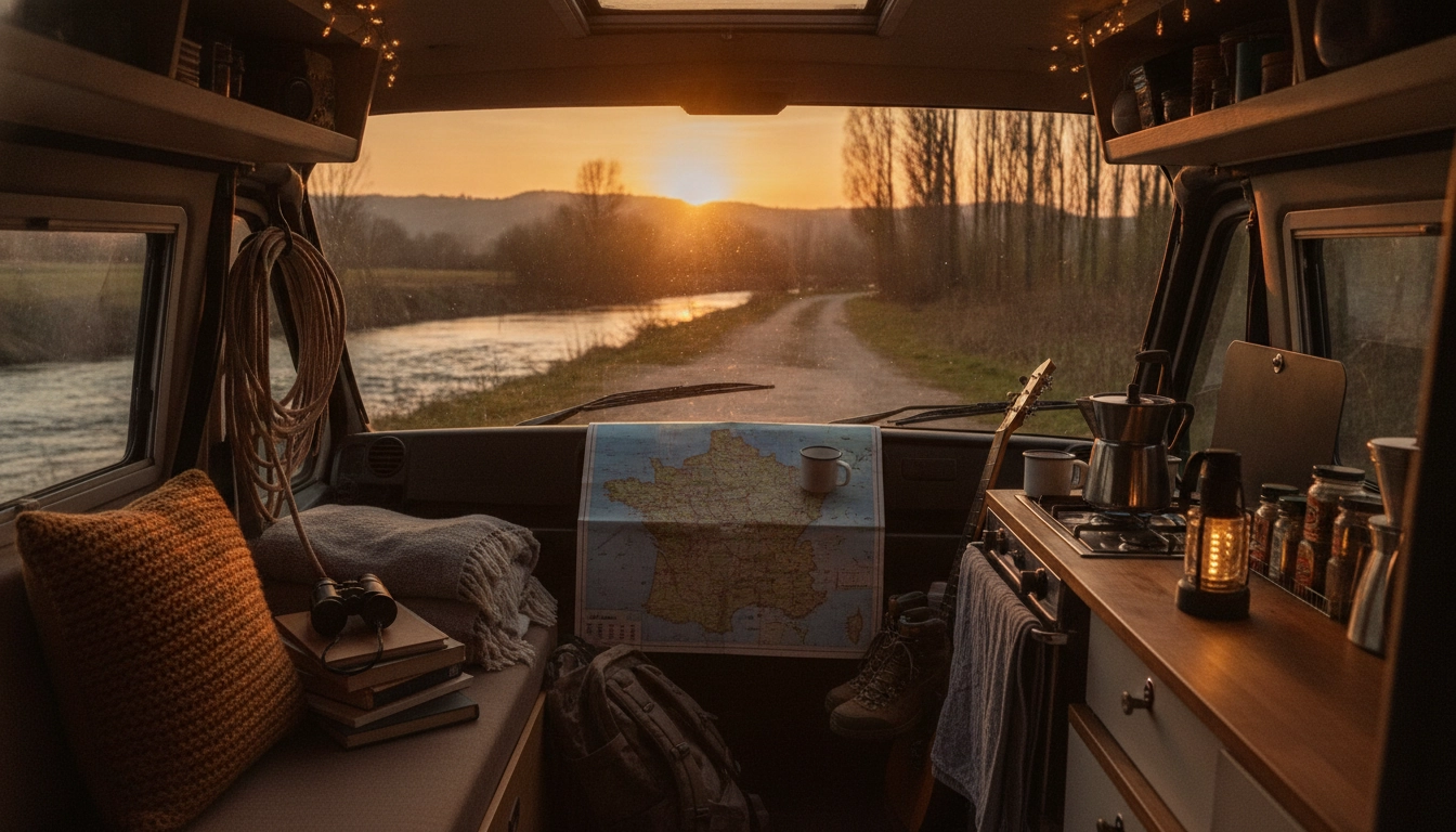 Van aménagé garé au bord d'une rivière française pendant un road trip week-end en pleine nature