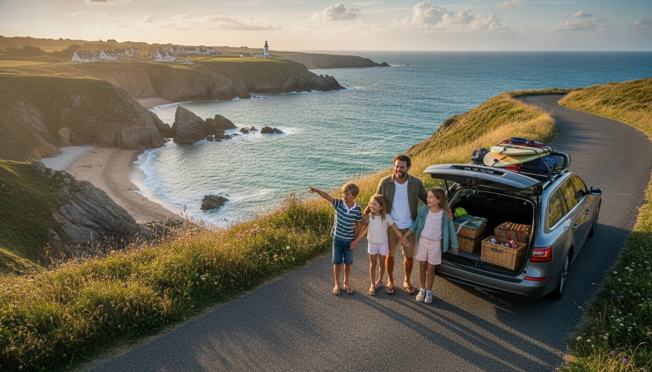 Famille heureuse au départ de leurs itinéraires road trip famille sur la côte bretonne
