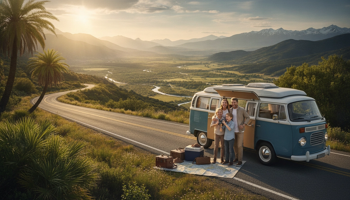 Famille en road trip sur une route sinueuse avec paysage de montagne en France