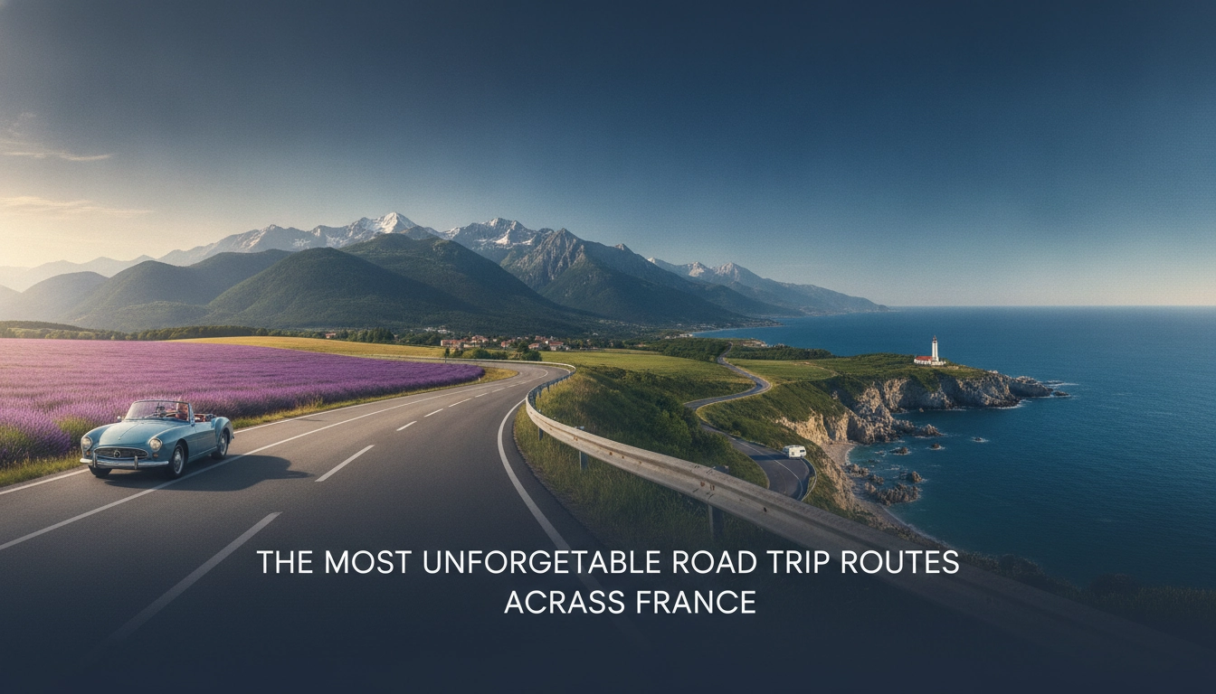 Voiture sur une route sinueuse au coucher du soleil avec des paysages de campagne française en arrière-plan, illustrant les meilleurs itinéraires road trip en France
