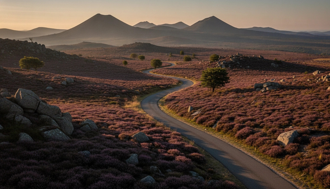 Route sinueuse et solitaire à travers les landes du Massif central, parfaite pour des itinéraires road trip insolites en France