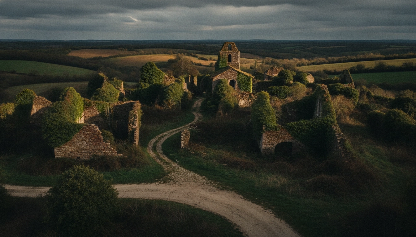 Village abandonné en France envahi par la végétation, étape emblématique d'un road trip insolite hors des sentiers battus