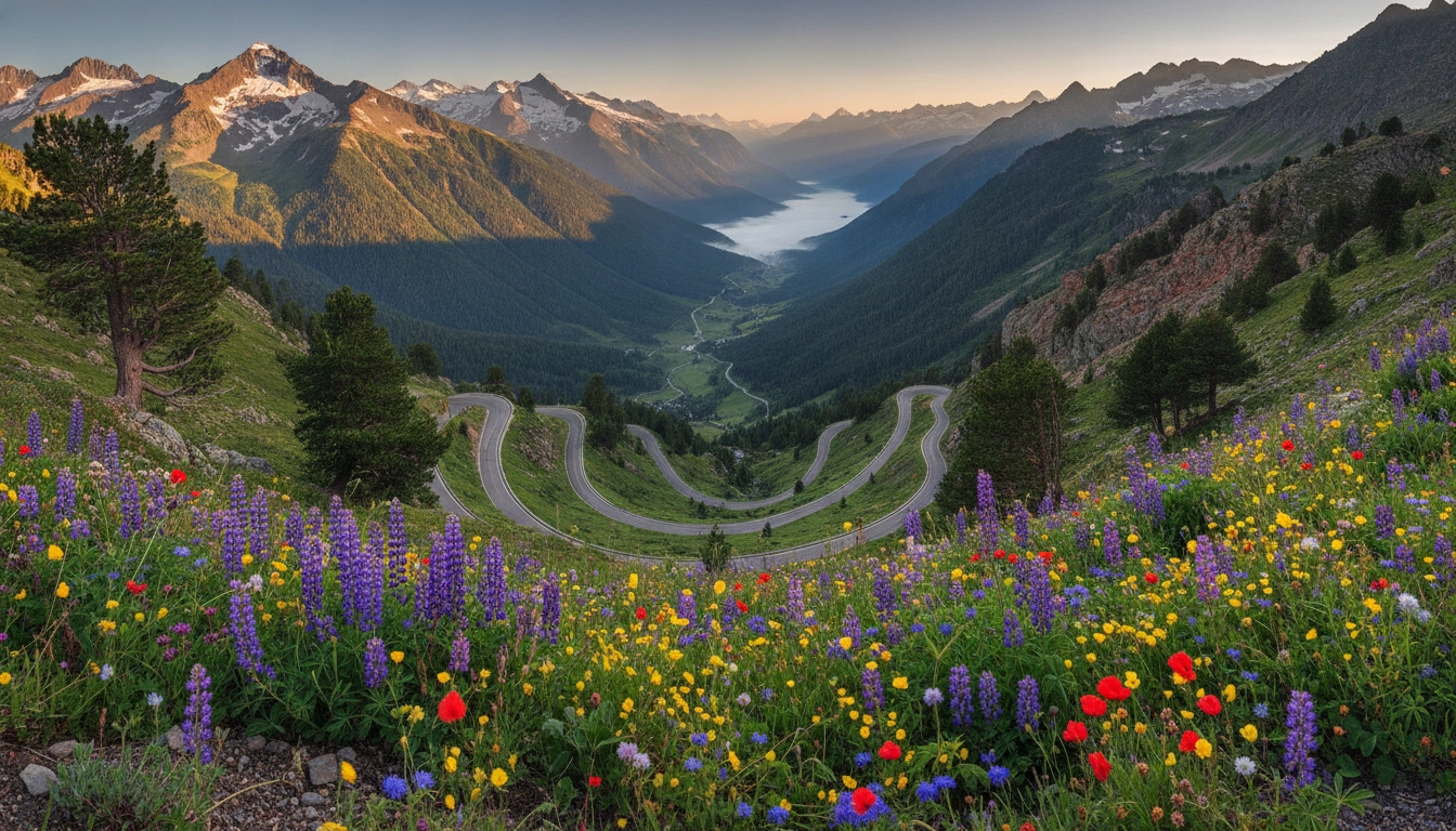 Col de montagne pyrénéen avec route sinueuse au cœur d'un paysage alpin saisissant pour un road trip régional