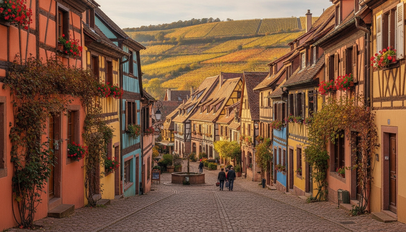 Village médiéval alsacien aux maisons à colombages fleuries sur la route des vins, étape incontournable des itinéraires road trip régionaux en France