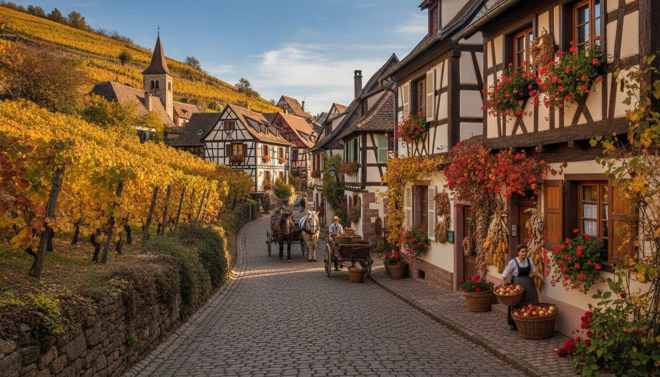 Village alsacien et vignobles en automne sur un itinéraire de road trip week-end en Alsace