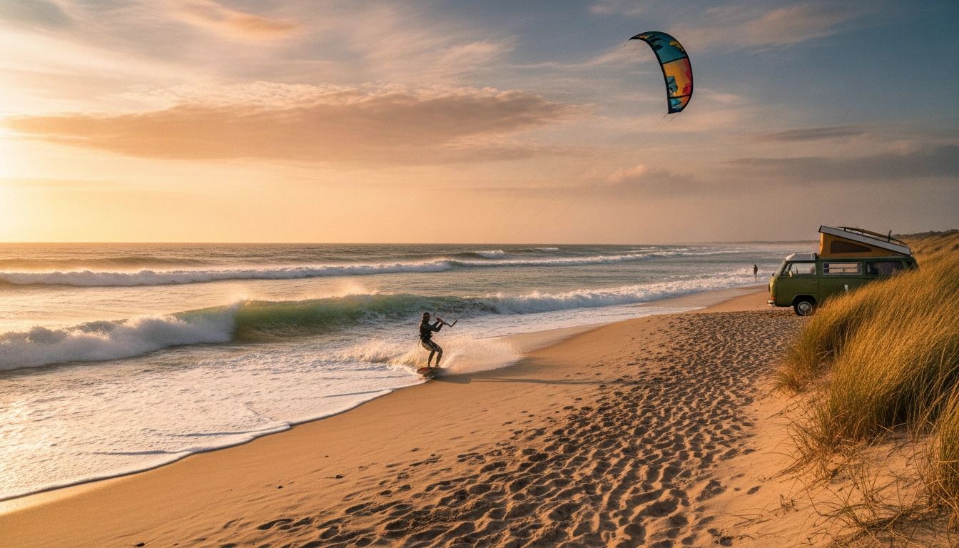 Un kitesurfeur profite des conditions idéales lors d'un kitesurf spots venteux France côte road trip sur la côte atlantique.