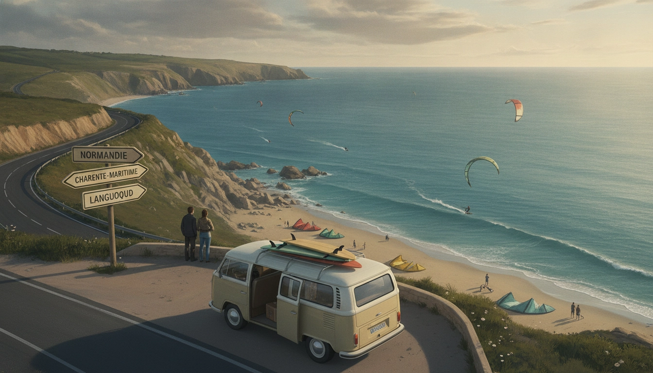Un kitesurfeur naviguant sur une plage sauvage lors d'un kitesurf spots venteux France côte road trip mémorable