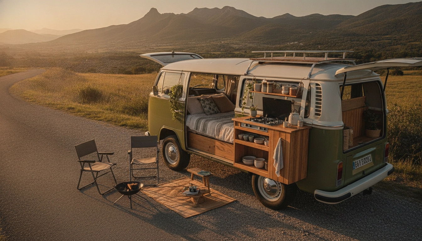Louer un van road trip en France : van aménagé garé sur une route de campagne au coucher du soleil