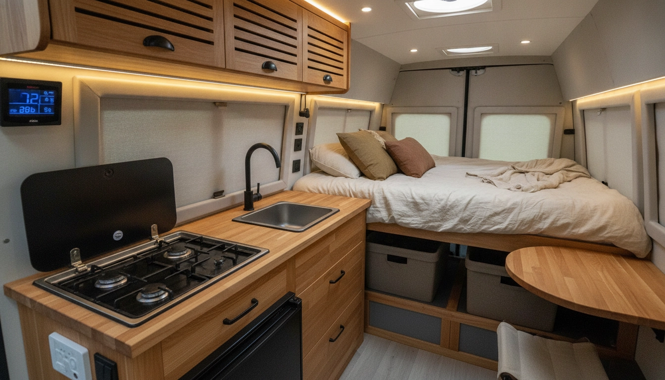 Intérieur d'un van aménagé de location avec cuisine équipée et couchage pour un road trip