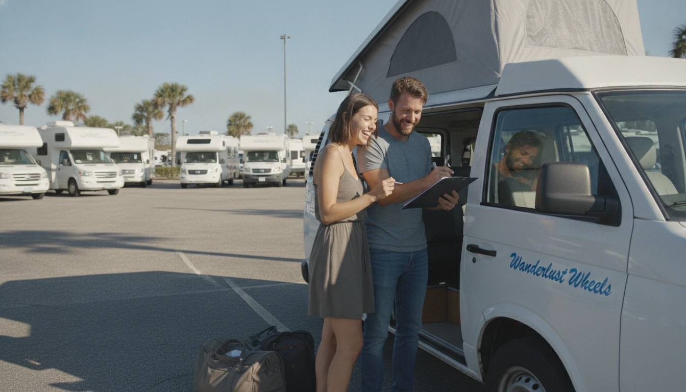 Couple effectuant la vérification d'un van de location avant de partir en road trip