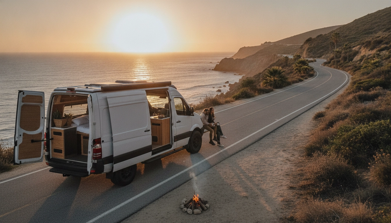 Van aménagé de location garé sur une route panoramique en France pour un road trip