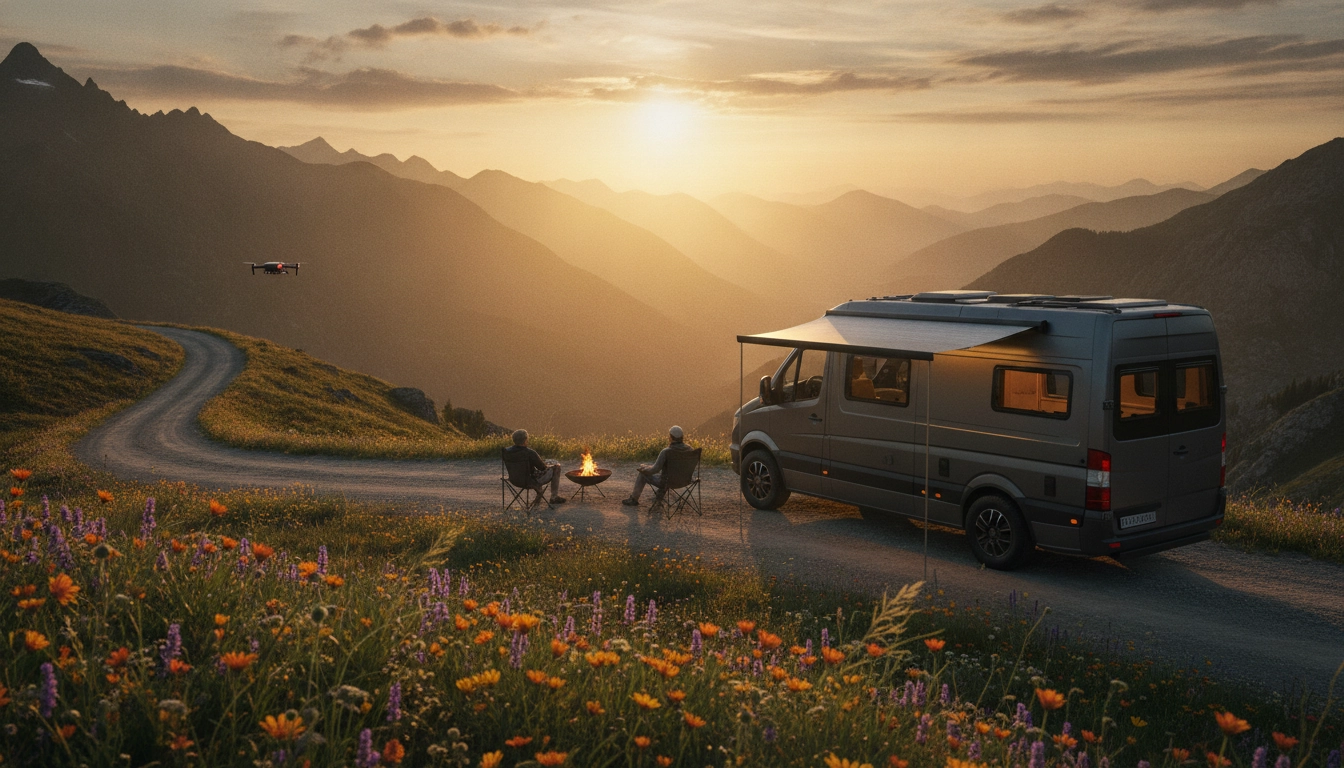 Paysage de montagne avec un van pour louer un van entre particuliers pour road trip avantages inconvénients.