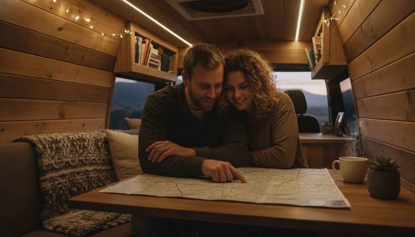 Couple préparant leur itinéraire dans un van aménagé loué entre particuliers.
