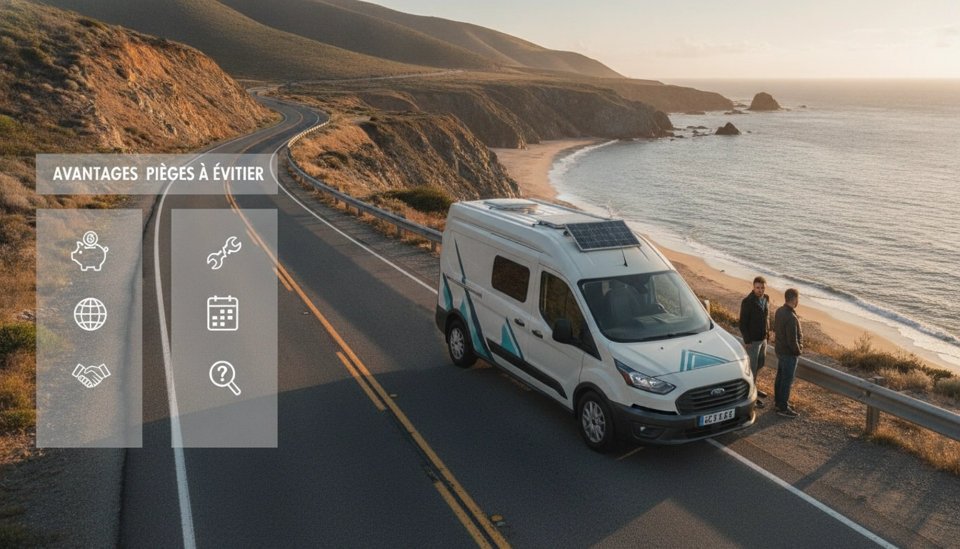 Un van aménagé garé dans un paysage magnifique, illustrant la liberté de louer un van entre particuliers pour road trip avantages inconvénients.