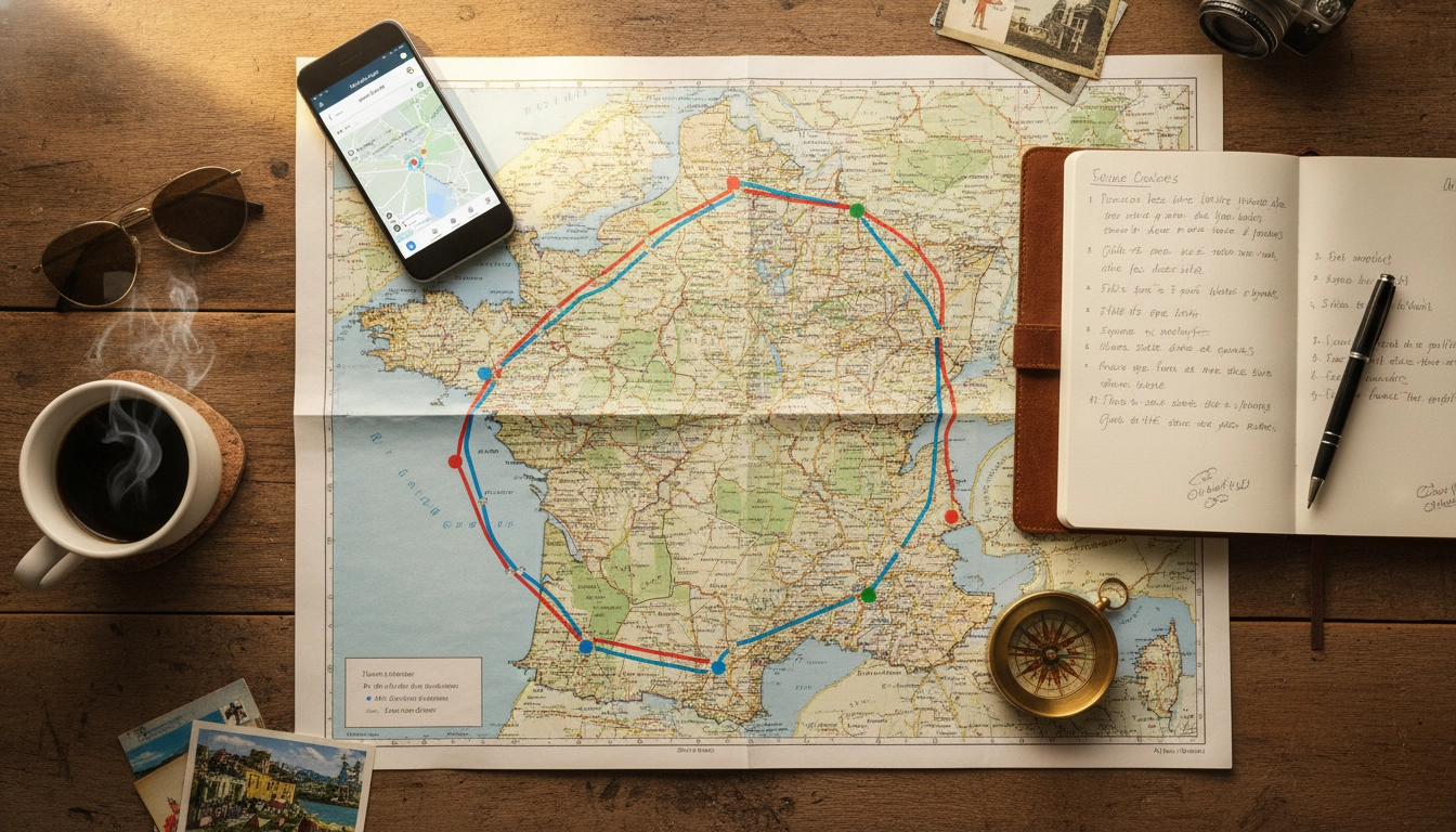 Planification pour optimiser un itinéraire road trip avec carte de France, marqueurs et smartphone sur une table en bois