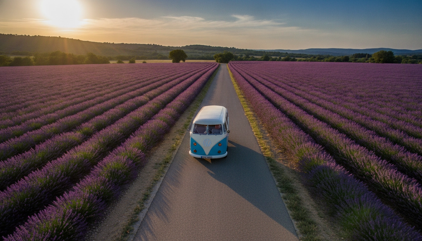 Route de campagne française en Provence avec champs de lavande, illustrant un road trip sur des routes secondaires hors des sentiers touristiques