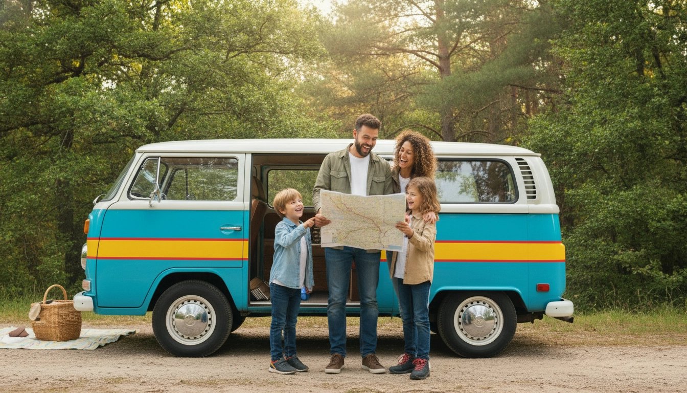 Famille avec enfants devant un camping-car lors d'un road trip en France, planifiant leur itinéraire ensemble