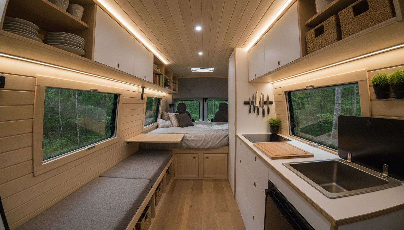 Exemple concret montrant comment optimiser le rangement intérieur d'un van aménagé pour plus de confort.