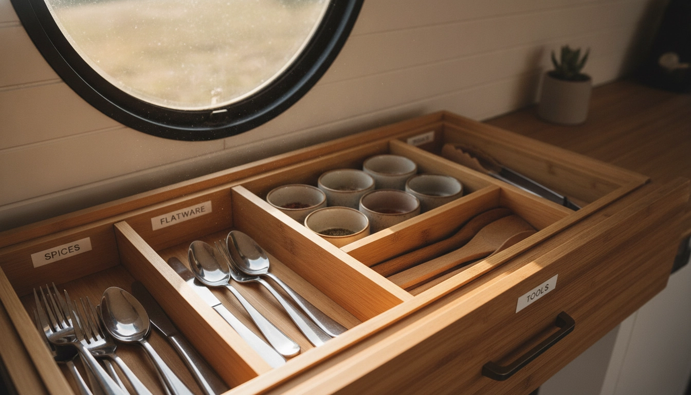 Tiroirs de cuisine bien organisés dans un van aménagé.
