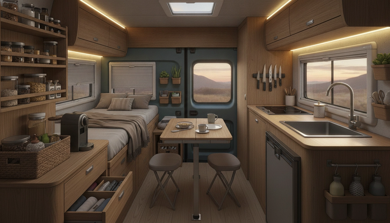 Aménagement intérieur d'un van optimisé avec des rangements ingénieux