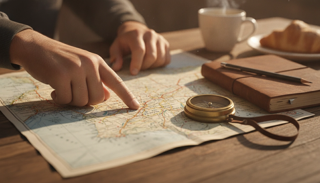 Préparation minutieuse d'un itinéraire de voyage sur une carte de France.