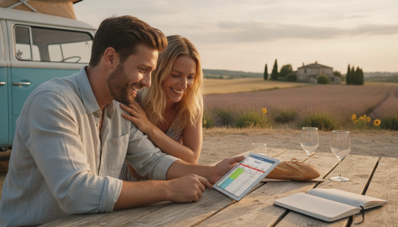 Couple gérant leur budget de voyage en temps réel sur tablette pendant un road trip en France