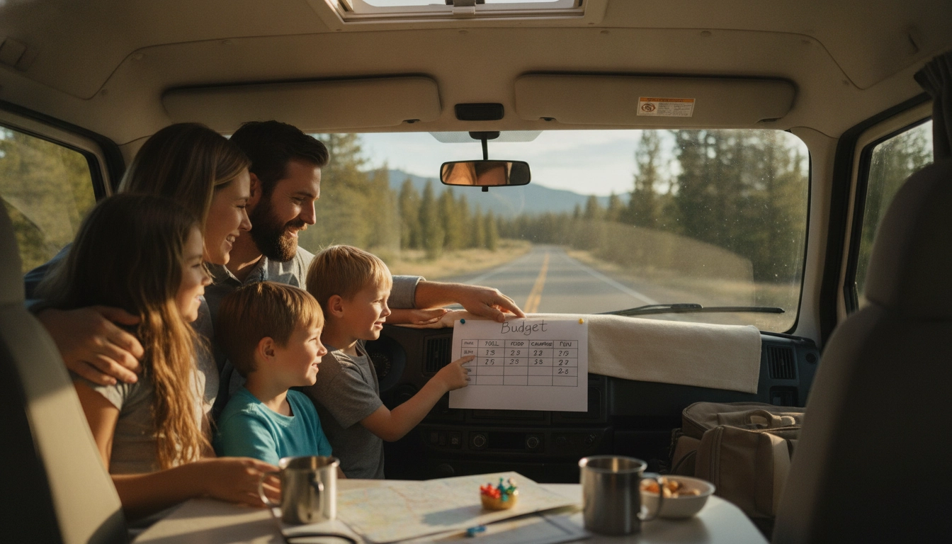 Famille en road trip consultant leur tableau de suivi de budget affiché dans le van