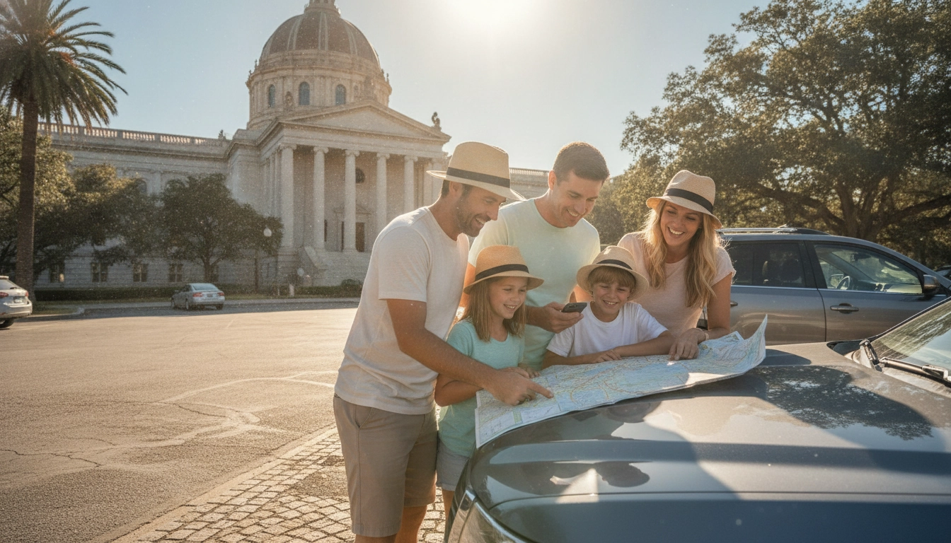 Une famille en road trip se demande si le pass musées enfants road trip rentable ou pas en consultant une carte.