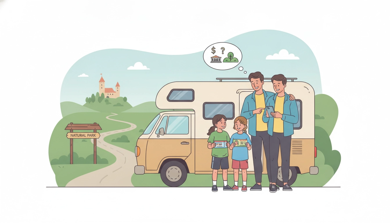 Famille heureuse consultant une carte lors d'un voyage pour savoir si le pass musées enfants road trip rentable ou pas