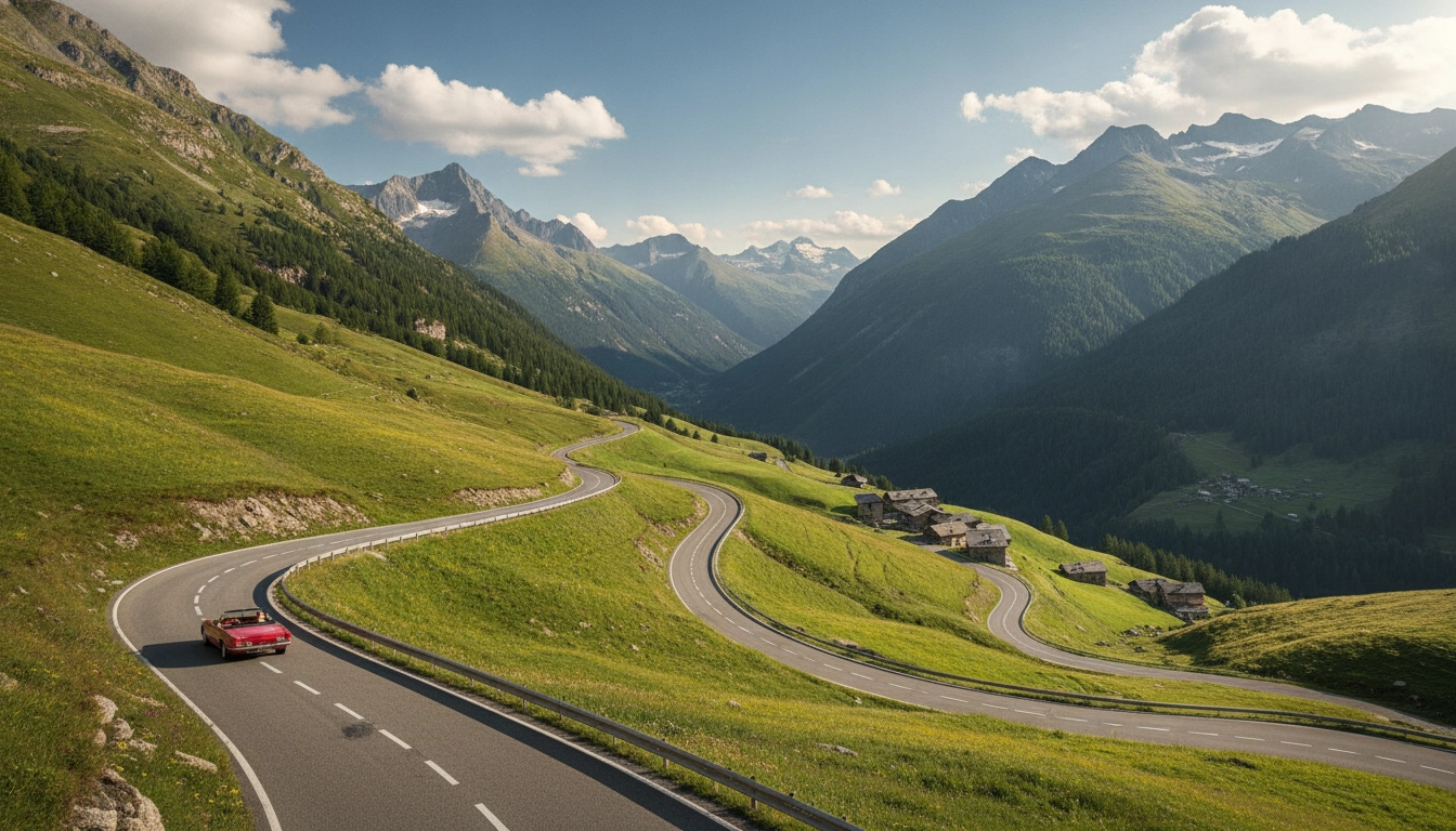 Une voiture sur une route de montagne sinueuse lors de la meilleure période road trip montagne France altitude