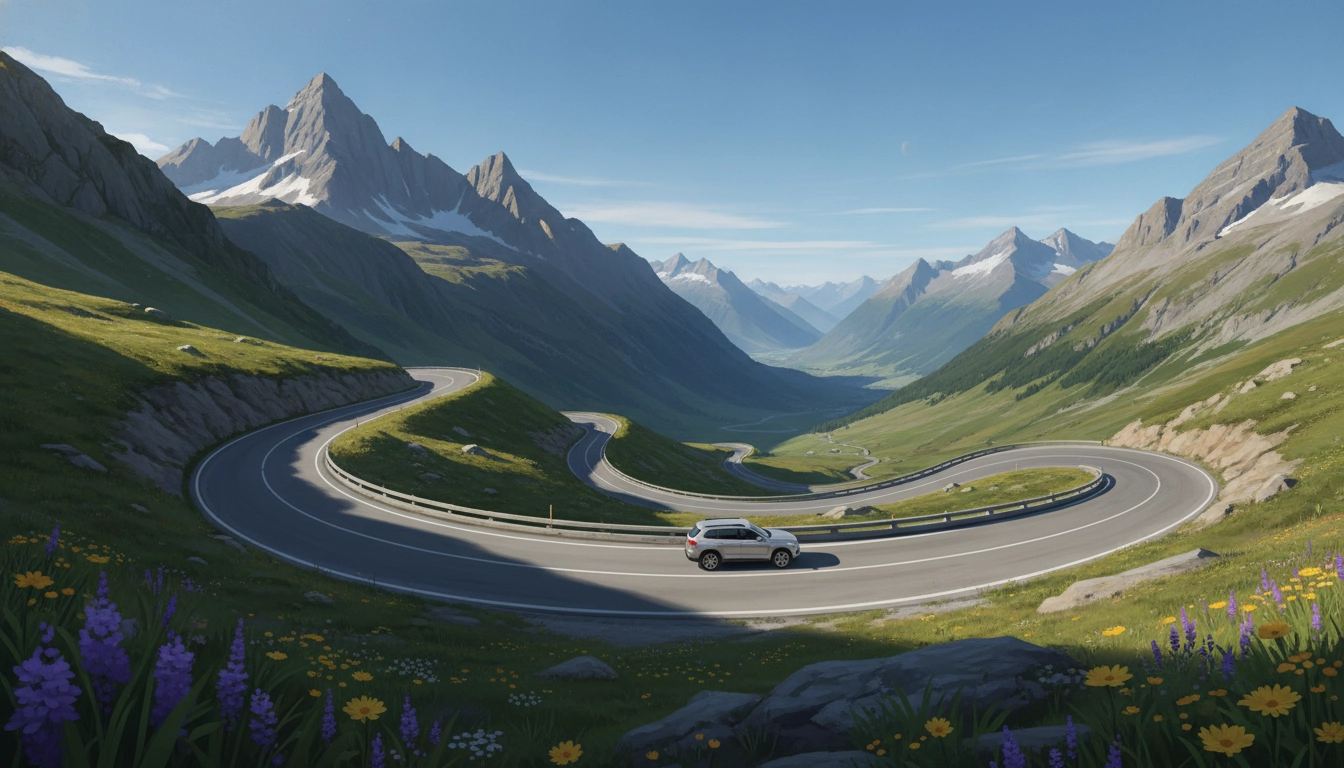Vue panoramique sur la route sinueuse du col de l'Iseran, représentant la meilleure période pour traverser le col de l'Iseran en voiture.