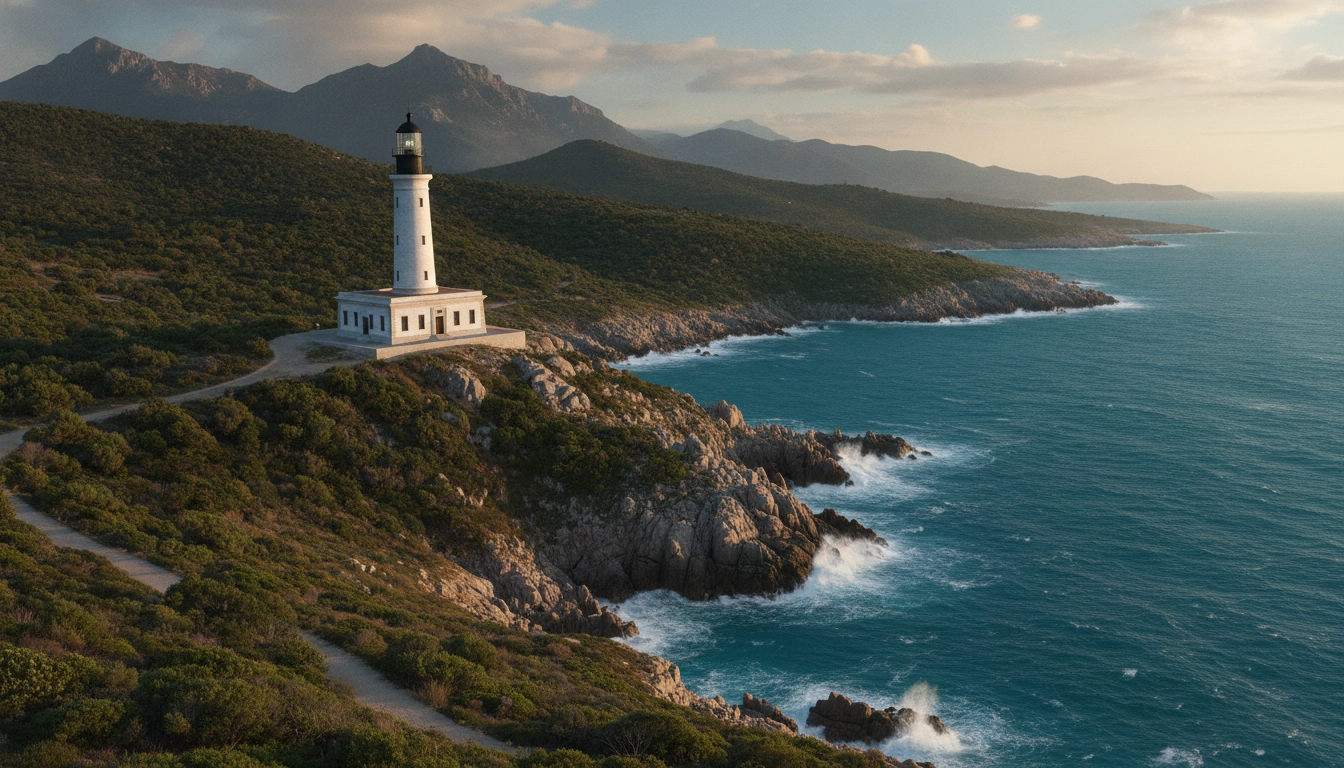Vue panoramique sur un phare historique surplombant les falaises lors d'une randonnée sur les phares des côtes corses panoramas sauvages.