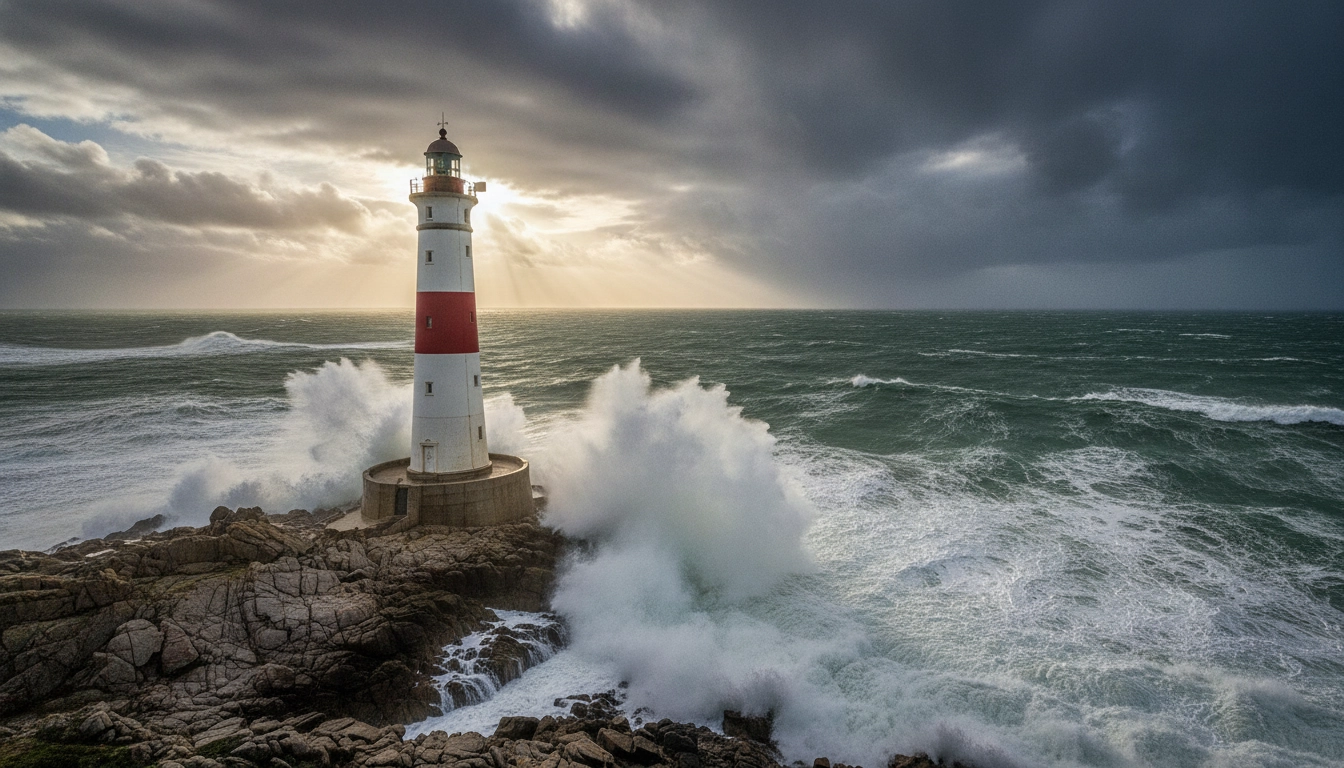 Phares littoraux français sur la côte atlantique battus par les vagues sous un ciel d'orage