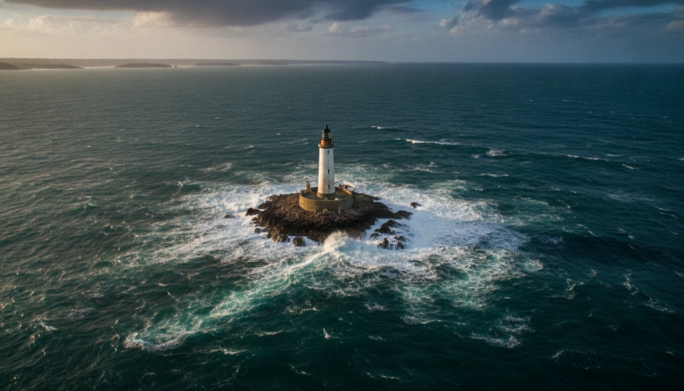 Vue aérienne du phare de la Jument à Ouessant entouré par les vagues de l'Atlantique