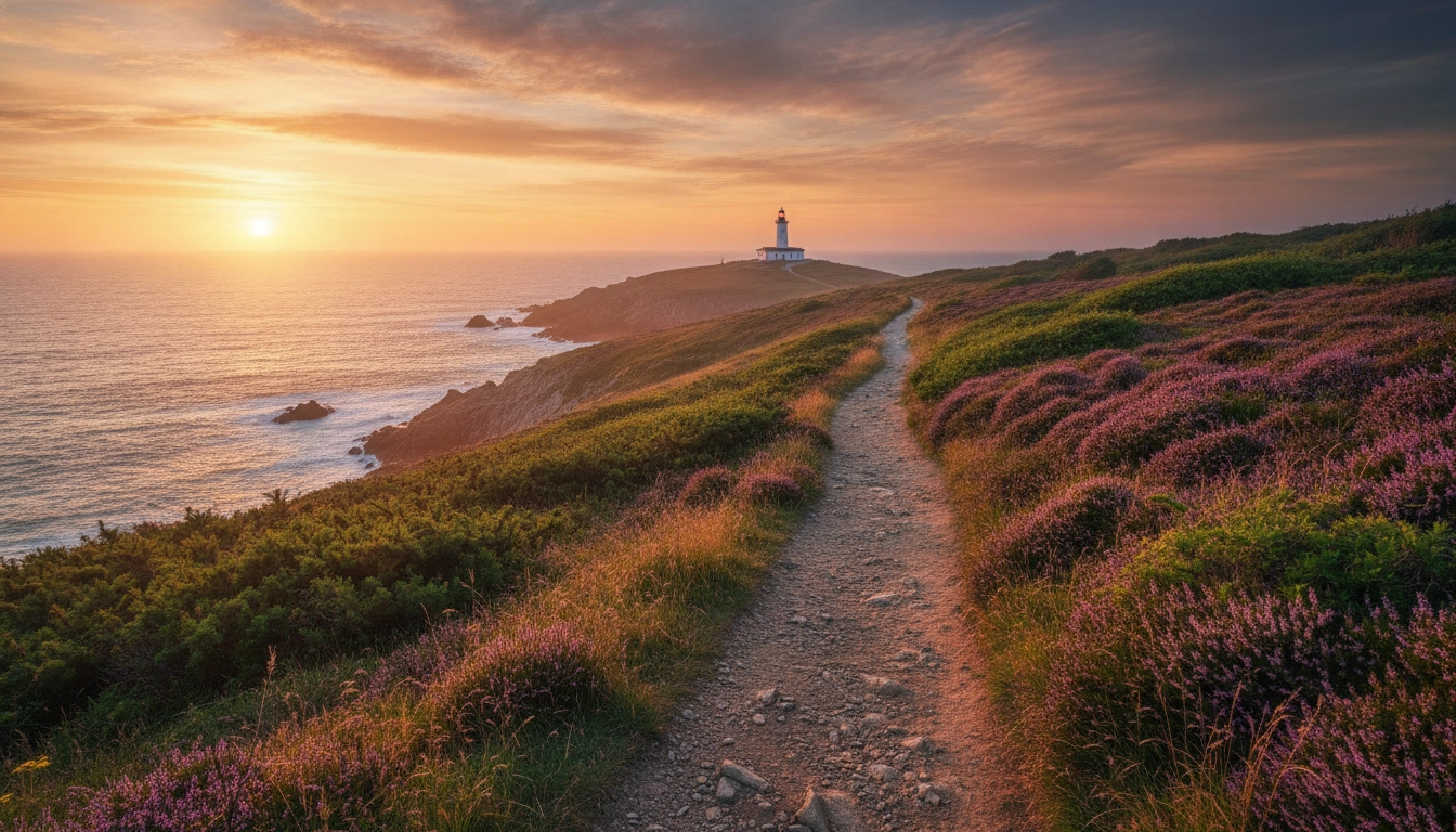 Sentier côtier breton menant à un phare accessible à pied au milieu de la lande fleurie