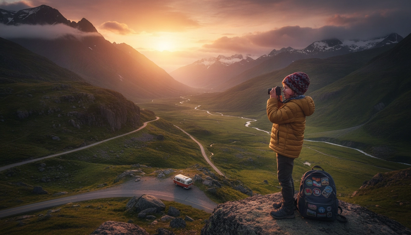 Un jeune enfant en plein processus de photographier paysage enfants initiation road trip dans les montagnes.