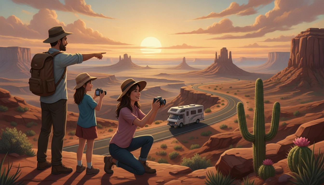 Enfant utilisant un appareil photo pour capturer un paysage lors d'un road trip en famille.
