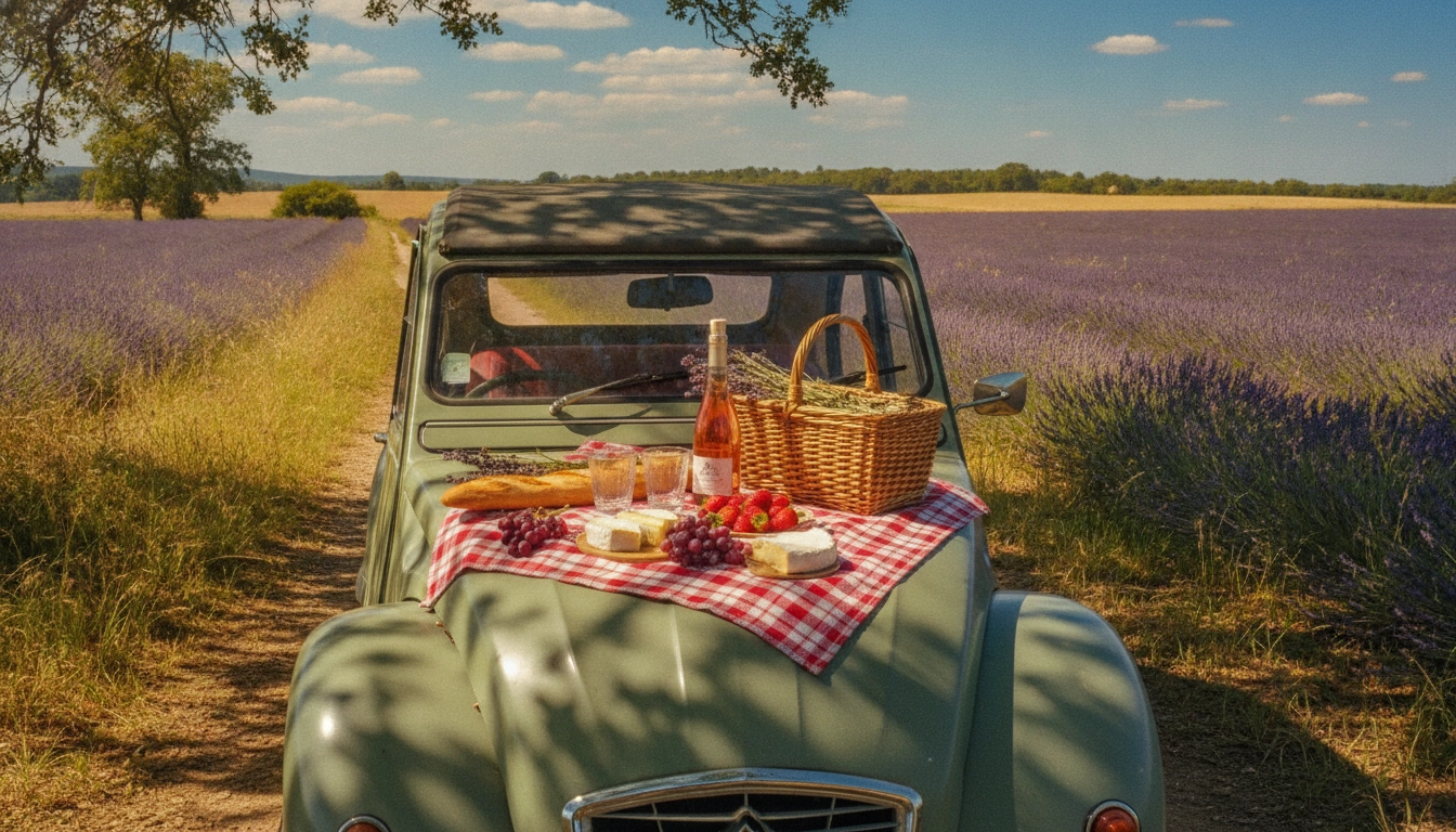 Une image inspirante montrant comment faire un pique-nique road trip pas cher dans un décor champêtre.